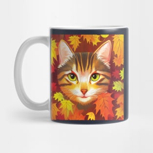 Tabby Cat in Autumn Leaves Mug